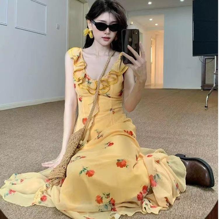 Yellow Ruffle Leaf Edge Floral Suspender Dress Women's Summer Seaside Vacation French Super Fairy Backless Beach Fishtail Dress