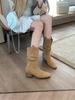Cowhide model~ genuine leather small man inner height increase 8cm Martin boots women's thick heel thin western medium tube short boots stacking boots