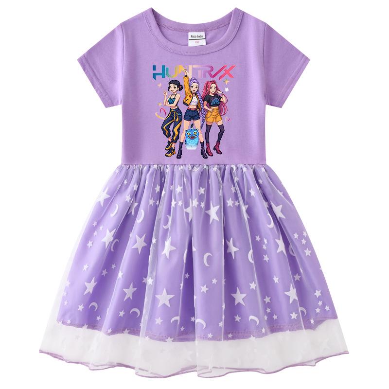 Vestido de Princesa de Malla con Lentejuelas Kpop Demon Slayer para Niñas - Manga Corta