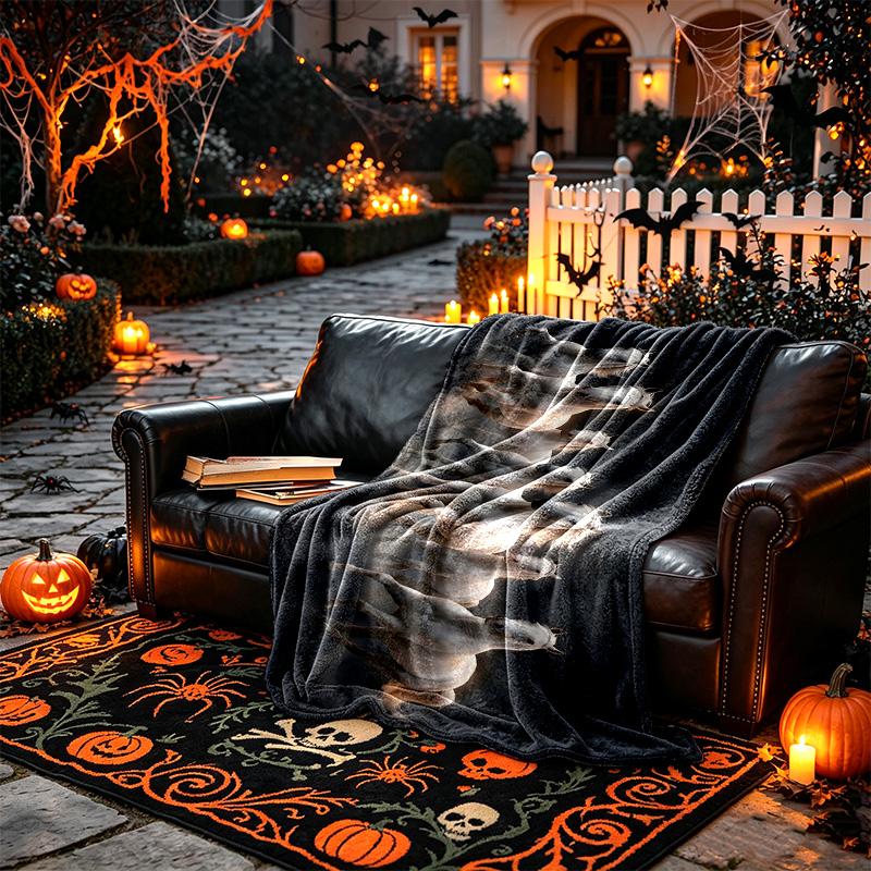 1pc Dark Skeleton Figure Blanket, Home Printed Throw Blanket - Soft Blanket Gift for Family, Washable Sofa Bed Blanket