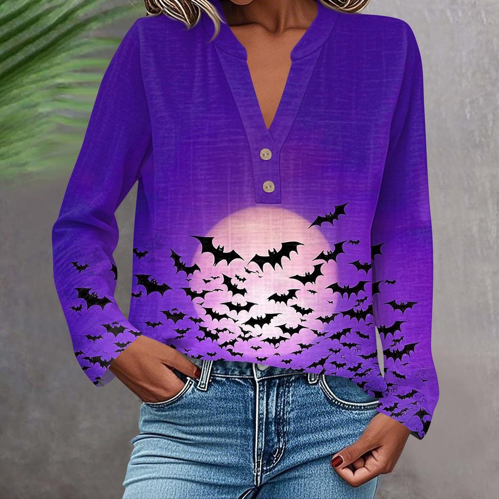 Dame Moteabel Og Casual Skjorte Langermet V-hals Knapp Trykt Bluse Topp