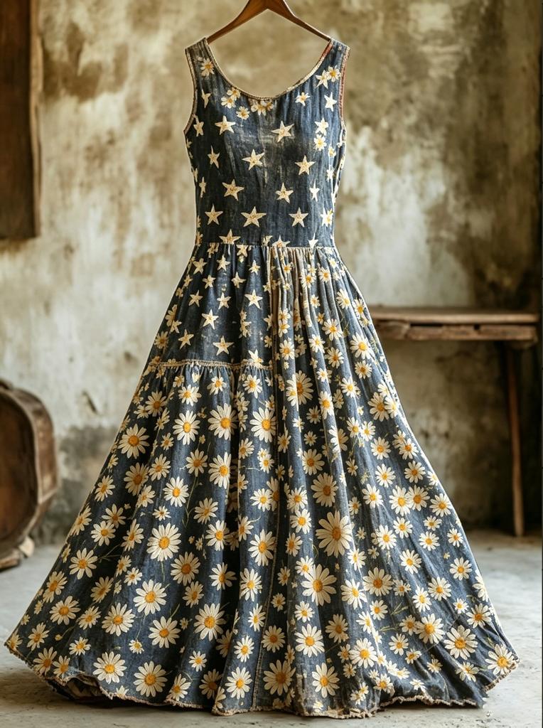 Retro Floral Embroidery Sleeveless Layered Cotton and Linen Dress Women's Mori Long Dress