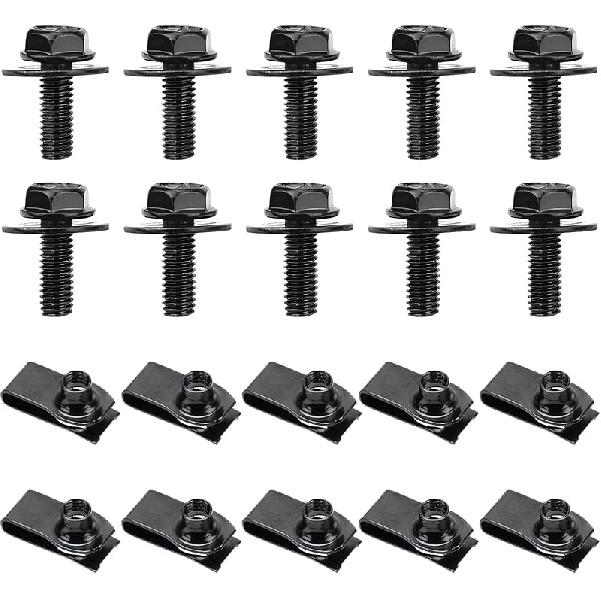 10 PCS Car Body Bolt & U-Nut Kit, Hex Screw U Nut Clip for Fender Bumper Hood Shield Panel Radiator, Universal Automotive Push Pull Metal Fastener
