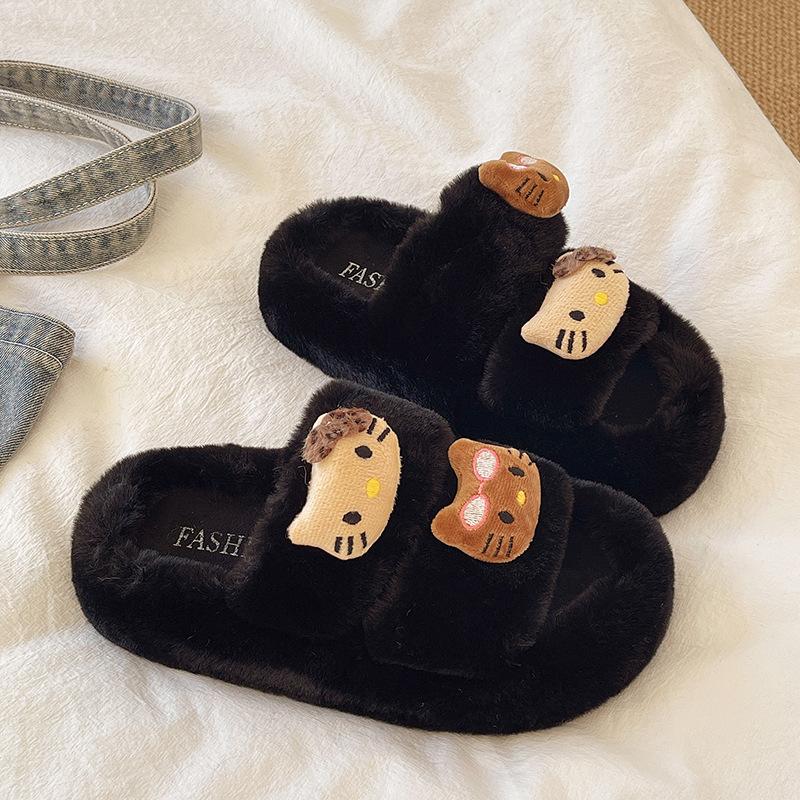 Leopard print thick bottom one-word fluffy slippers women wear 2025 new spring, autumn and winter indoor home Internet celebrity cotton slippers