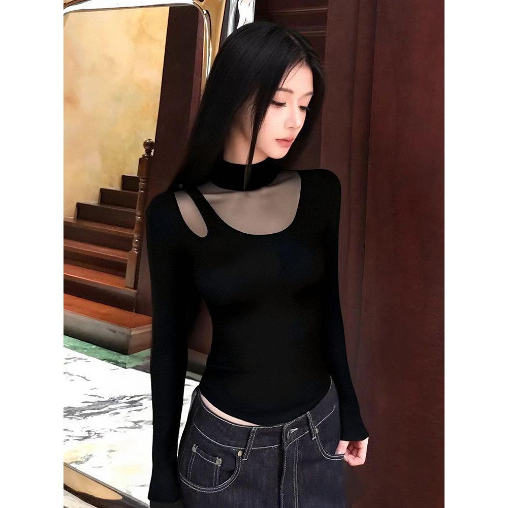 2026 Spring & Autumn Half-High Collar Mesh Long Sleeve Base Layer T-shirt for Women