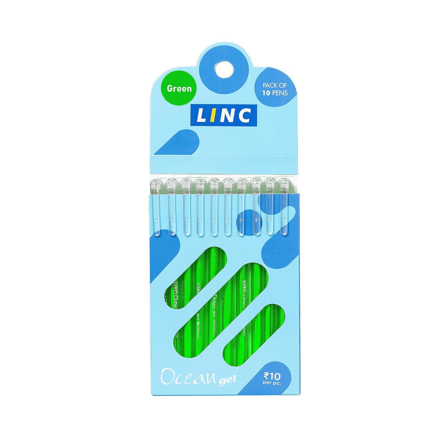 Linc Ocean Classic Gel Pen Pack of 1 x 10pcs | 0.55 mm Green Ink | Click-Off Cap for Office, School & Home Writing
