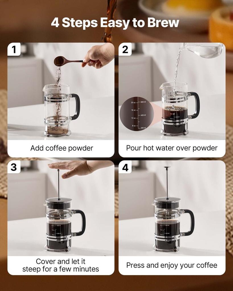 French Press Coffee Maker, 1 Liter Borosilicate Glass Coffee Press Tea Maker with Stainless Steel Filter, Large Glass French Presses Cold Brew for
