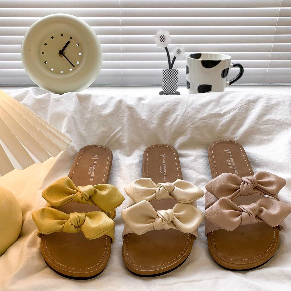 Versatile fairy with skirt beautiful one-word sandals 2025 new soft bottom bow slippers women's summer wear