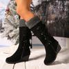 Women's Fashion Mid Calf Boots Large Size New Wedge Lace-Insulated Heel Straight Snow Boots Commuting Comfortable Trendy Boots