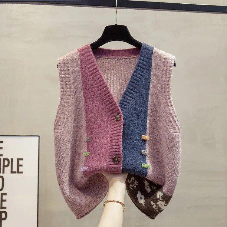 Color Block Sleeveless Sweater for Middle-Aged and Elderly Women - Versatile Knit Top for Spring/Autumn