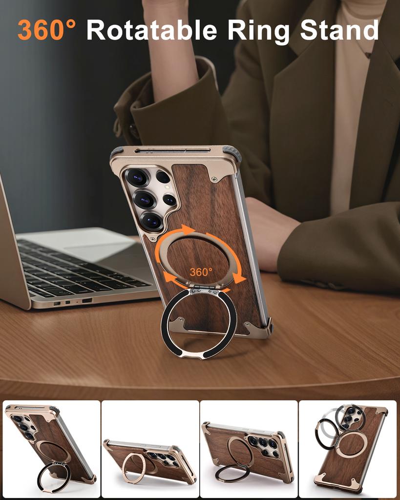 Eary Wood Case for Galaxy S25 S24 Ultra With 360° Rotation Kickstand Shockproof Protective Cover Unique Wooden Design Frameless