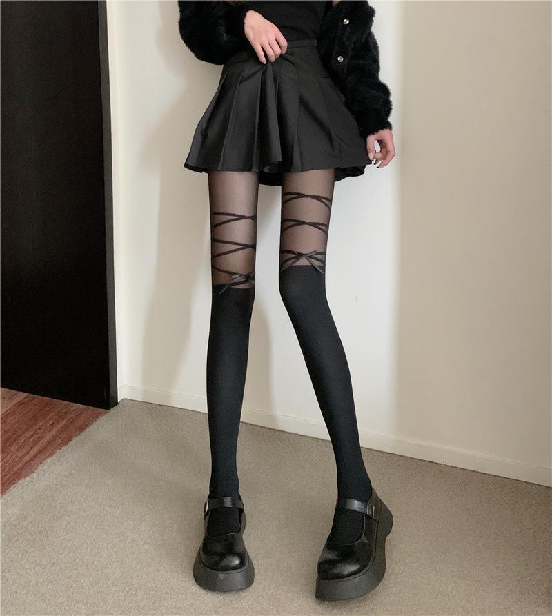 

Japanese Black Stockings Strap Bow Knee Socks Jk White Anti-Hook Stitching Fake Thigh Jumpsuit Women S Summer Spring One size fits all