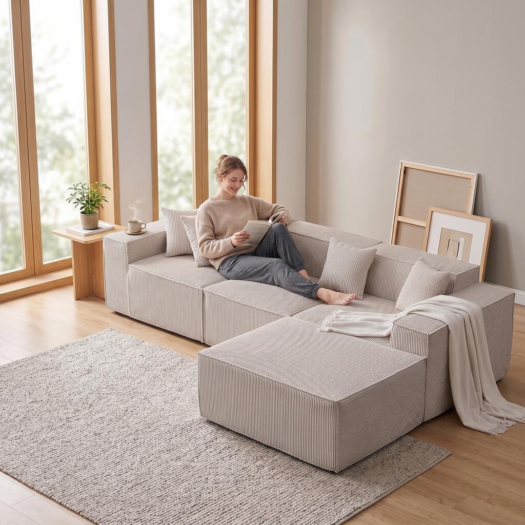 Modular Corner Sleeper Sofa, 277 cm L-Shaped Cloud Sofa in Corduroy, Comfort Foam, No Assembly, Deep Seat, Convertible Sofa for Living Room, Beige