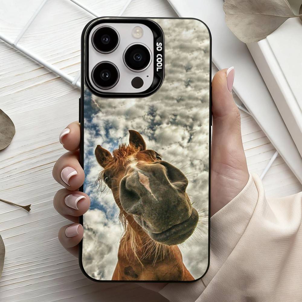 Funny Art Horse Animal   Phone Case For iPhone17,16,15,14,13,12,11 Plus,Pro Max Black Candy silver phone case