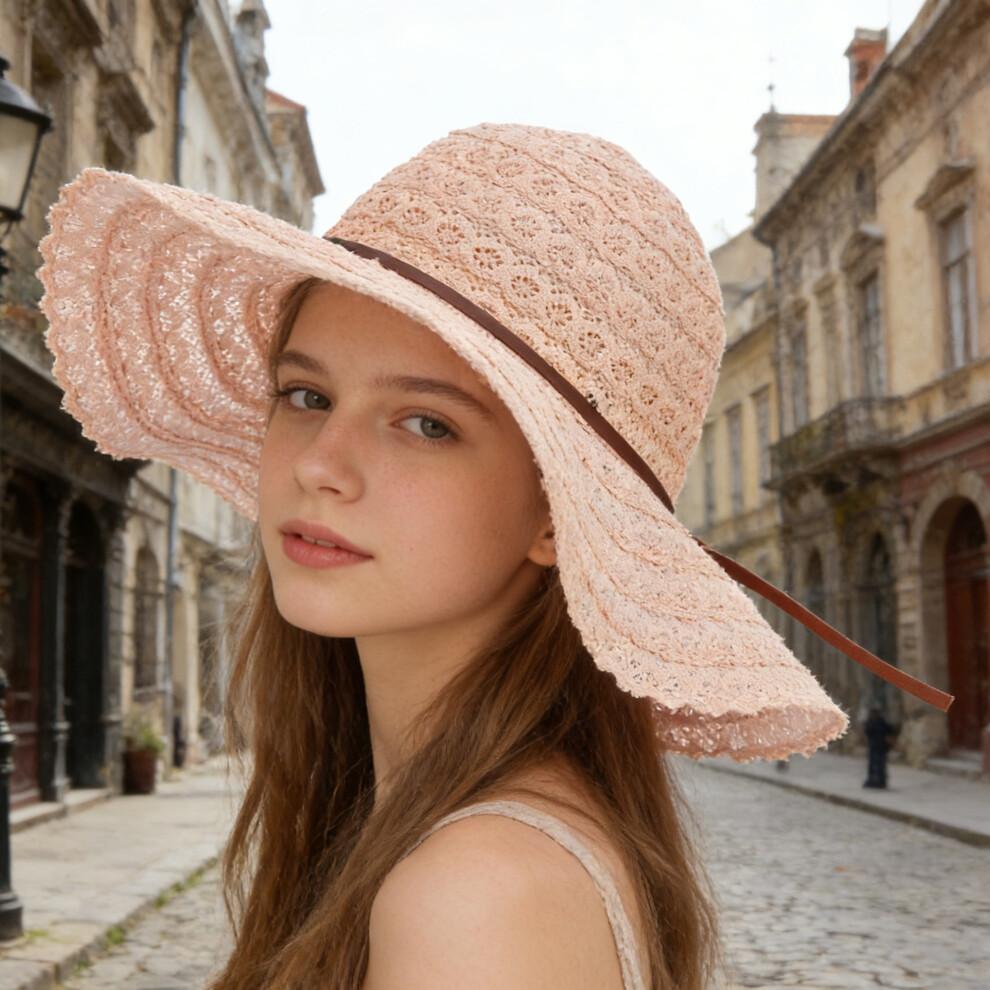 (One Size, Pink) Women's Summer Straw Hat Elegant Floppy Wide Brim Beach Cap Lightweight Lace Sun Hat