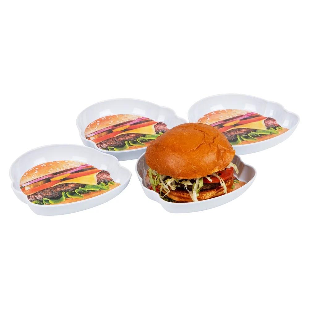 4 Piece Melamine Burger Serving Plates Set Fun BBQ Accessories Dishware Outdoor Kitchen Essentials Unique Design Durable