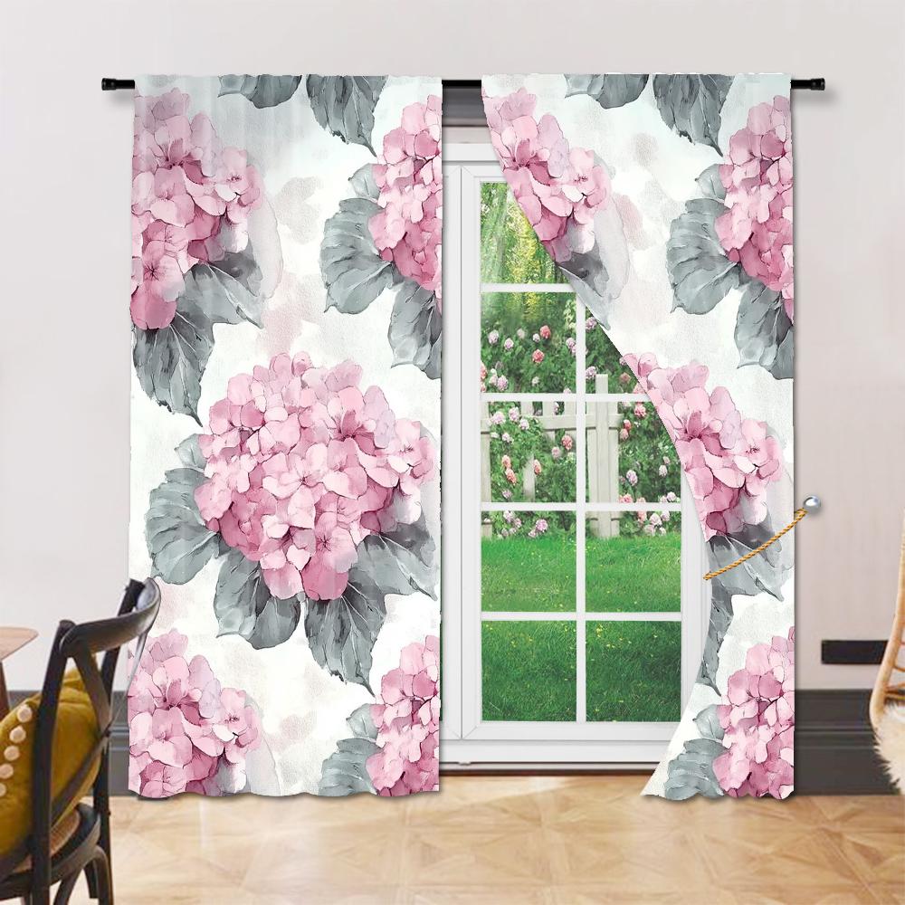 2 pcs, versatile polyester transparent curtains for home decoration Hydrangea Floral for use in bedrooms and living rooms