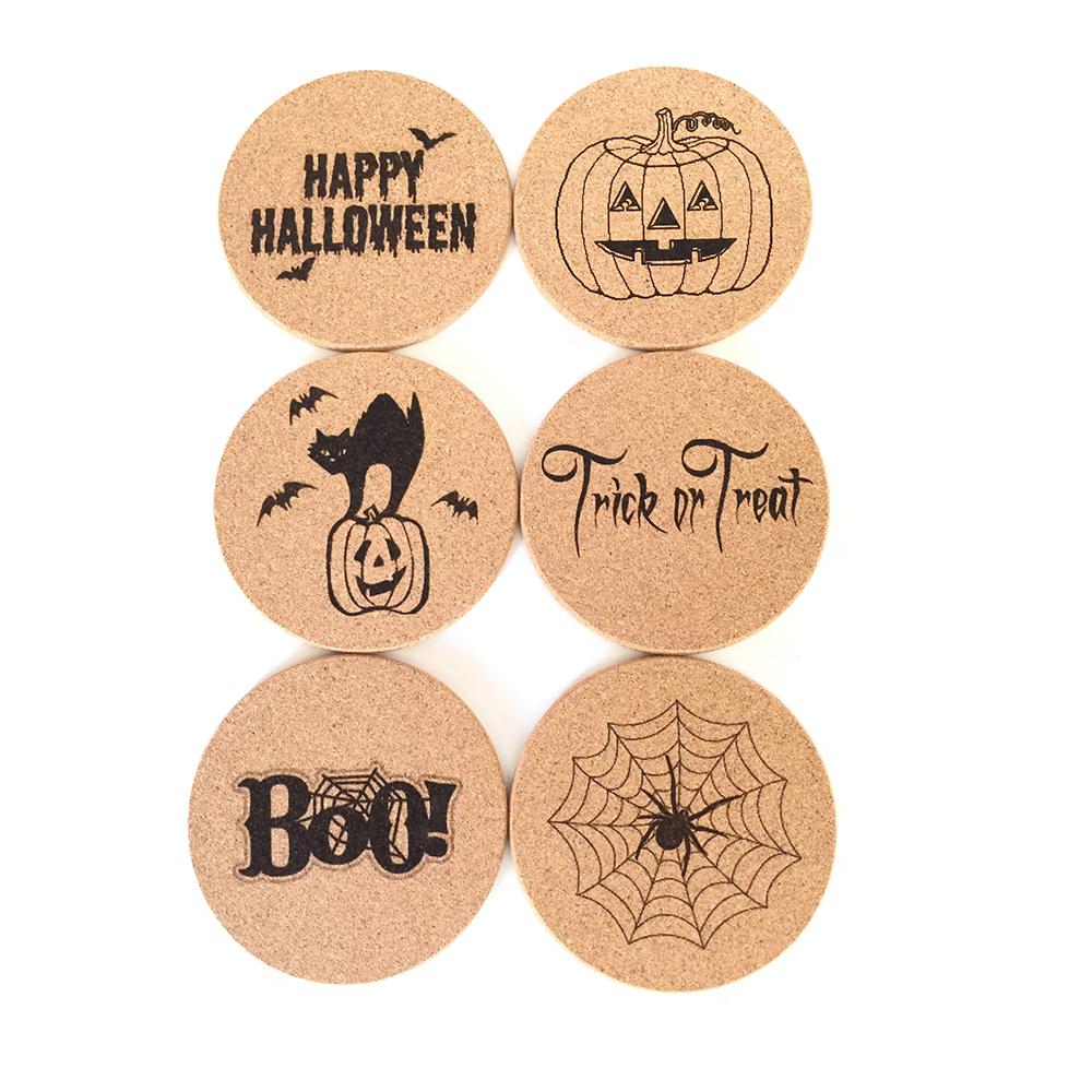 

6Pcs Halloween Cork Coasters Pumpkin Spider Trick or Treat Wood Cork Coasters Shelf Sitter Hot Pad Kitchen Table Decor Supplies 6pcs 10cm