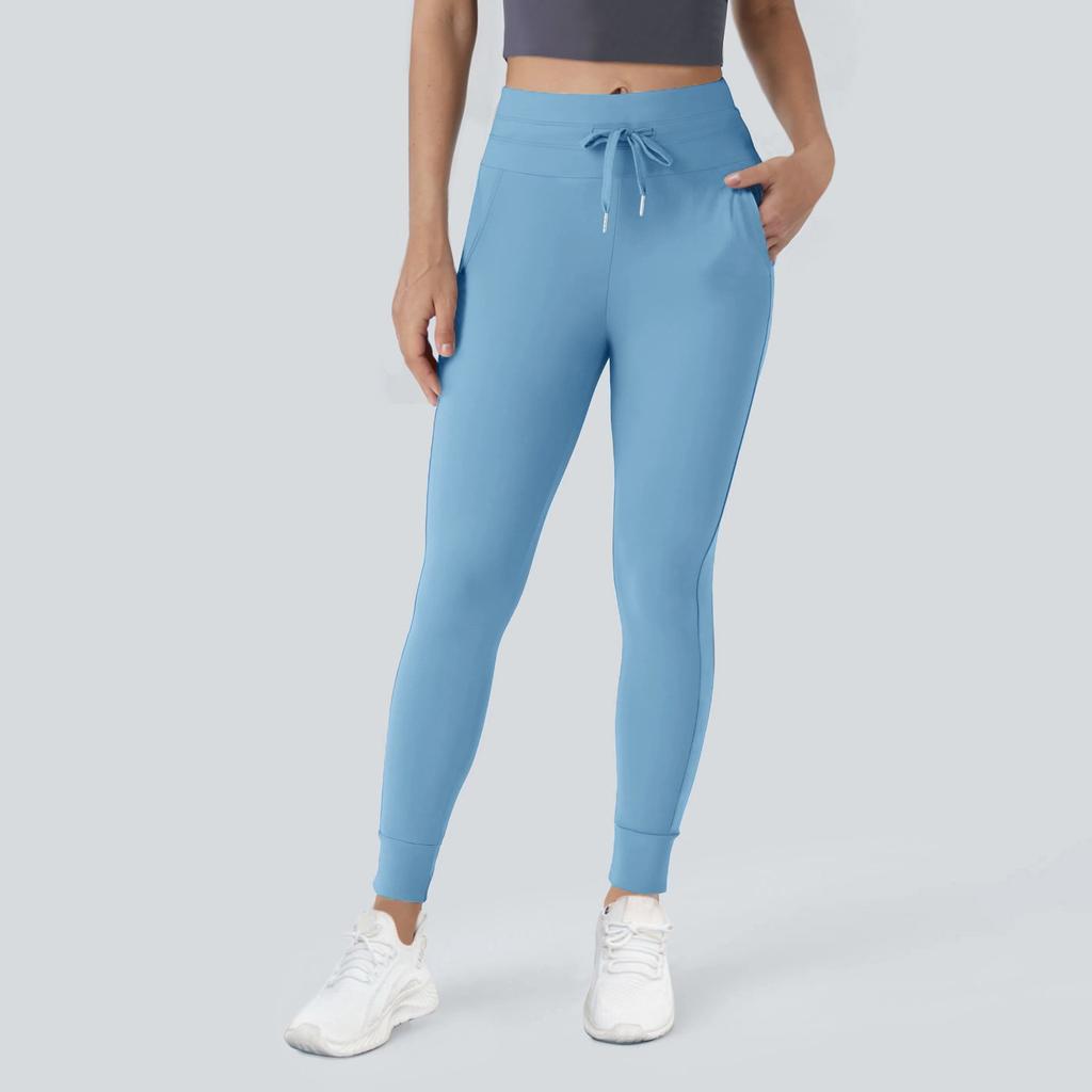 Women High Waisted Drawstring Side Pocket Plain Cool  Full Length Joggers Yoga Pants