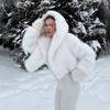 Russian women's short hooded imitation fur coat white fox fur coat eco-friendly artificial fur jacket