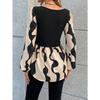 Women's Abstract Print Long - Sleeve Top, Square Neck, Black - Beige Design, Ideal for Casual Errands & Office Days