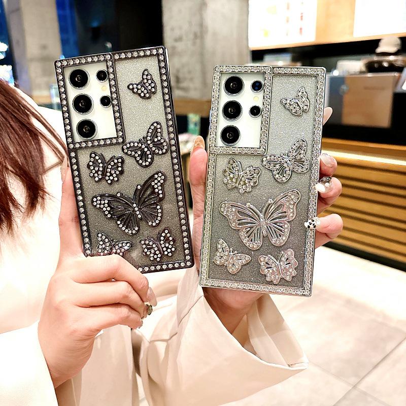 Gradient Glitter Powder Three Dimensional Butterfly Suitable for Samsung S25 Mobile Phone Case S24ultra Flash Diamond A14 A26 Protective Case