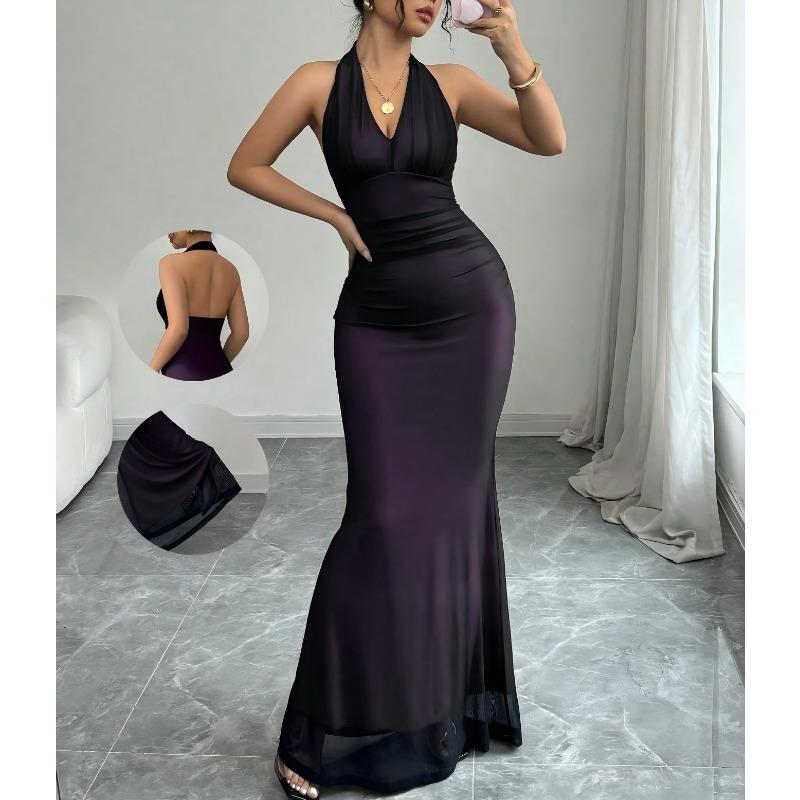 2025 Ny Sommar Dam Sexig Halterneck Nät Genomskinlig Lyst Ärmlös Klänning