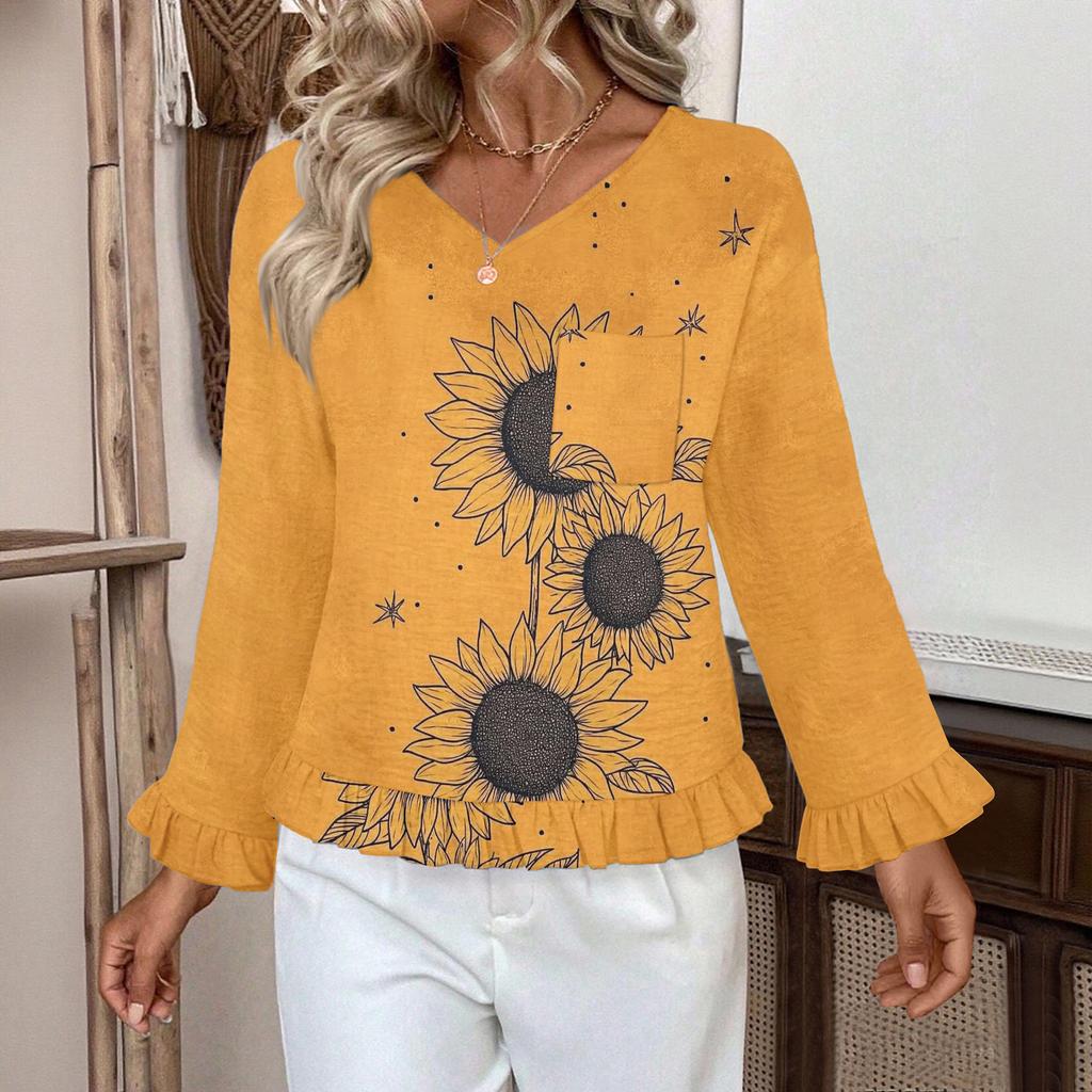Women's Casual Fashion Ruffle V-Neck Pocket Print Long Sleeve Top