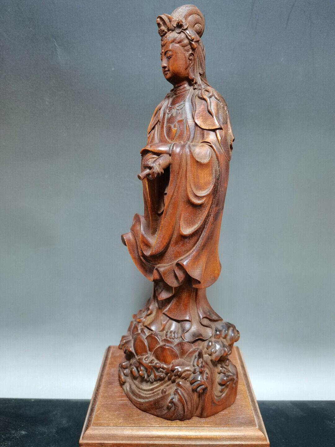 

China Antique Decor Wooden Kwan Yin Statue Carved Boxwood Figures Sculpture Art CHINA