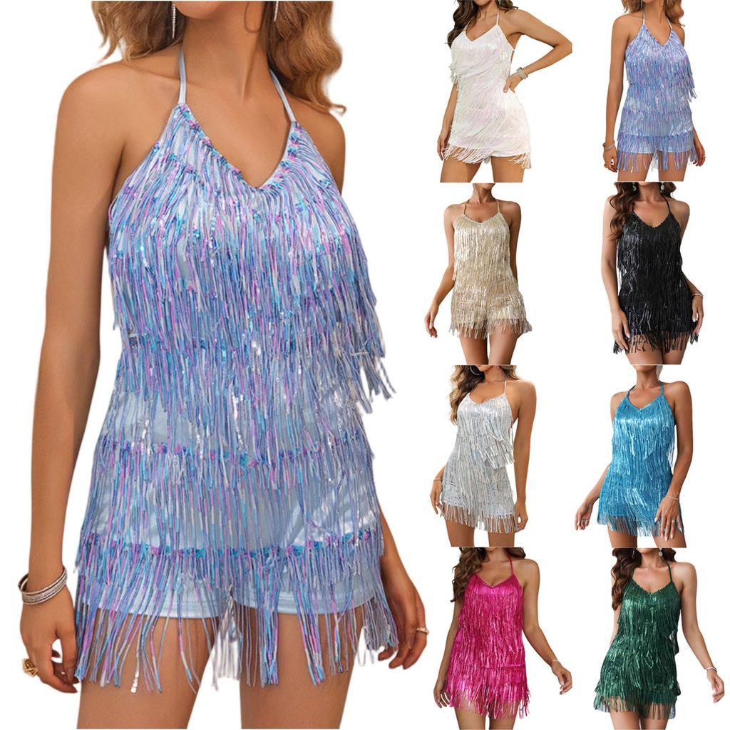 Women's Fashion Backless Sequined Tassel High Waisted Camisole Jumpsuit