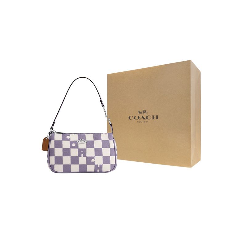 Coach Nolita 19 Checkered Print Faux Leather Shoulder Bag Women bags Light-Violet Chalk-White CR394-SVWPB