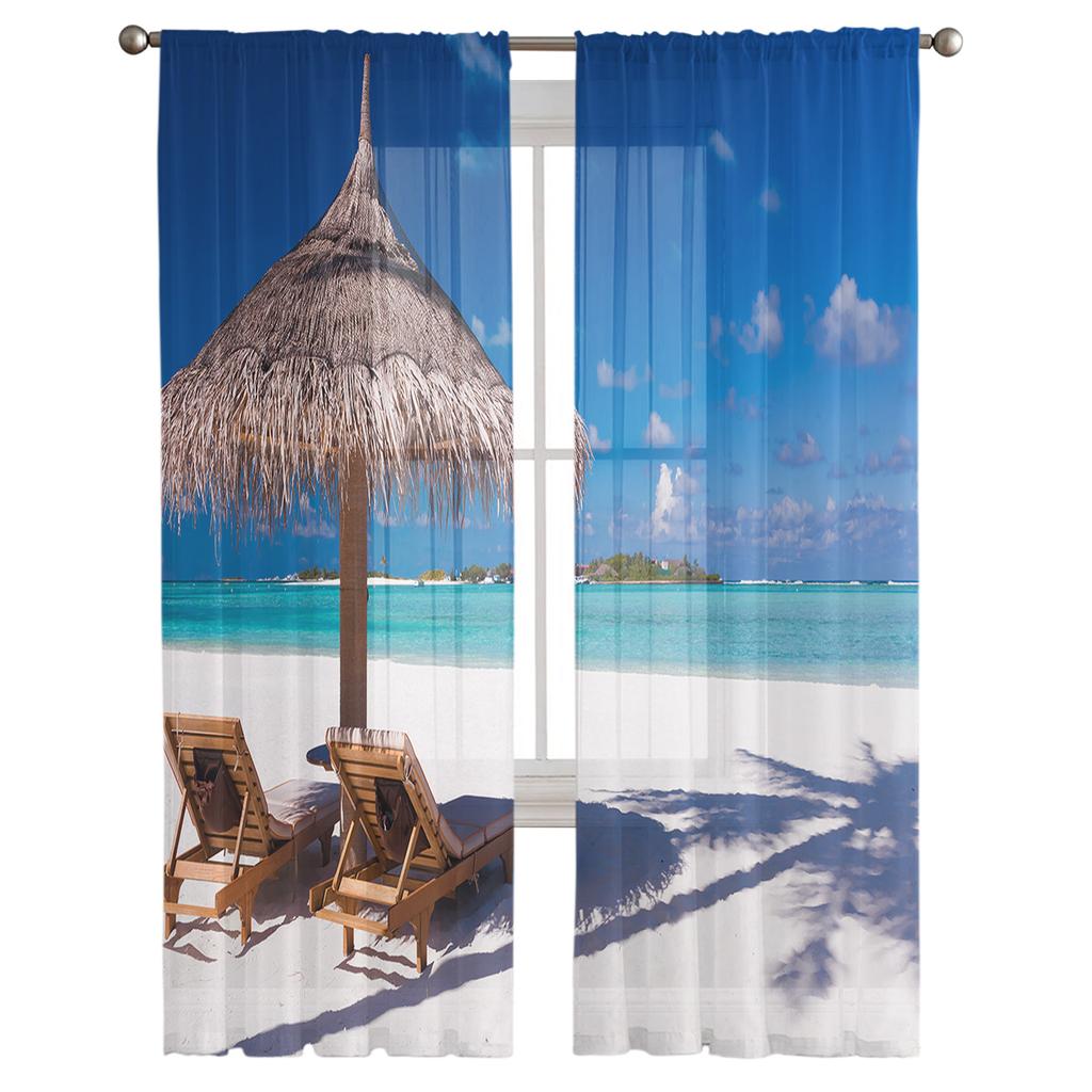 Seaside Scenery White Sand Beach Ocean Tulle Window Treatment Sheer Curtains for Living Room the Bedroom Curtains Decoration