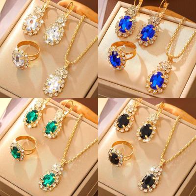 Elegant Water Drop Oval Rhinestone Jewelry Set - Necklace, Earrings & Ring for Brides