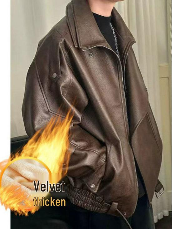 2025 Unisex Velvet-Lined Leather Motorcycle Jacket - High-End Punk Winter Style