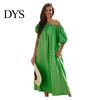 Puff Sleeve Midi Dress Women Off Shoulder Short Bubble Elastic Cuff Pleated Loose Solid Color Side Pockets Vacation Beach