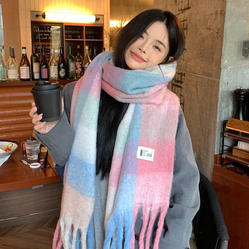 New scarf women's winter pink plaid tassel rainbow atmosphere rainbow mohair thickened long scarf