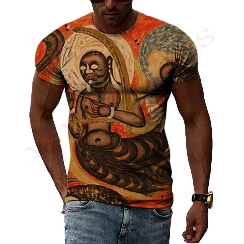 China Dunhuang Mural Graphic Shirt 3D Harajuku Print New Summer Retro Art Casual Short Sleeve Top For Men And Women Personality