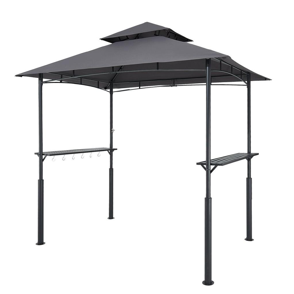 Grill Gazebo, 2.43 x 1.5 m Reinforced Outdoor BBQ Gazebo with Double-Tiered Roof, Powder-Coated Steel Patio Grill Shelter with 2 Side Shelves & 8