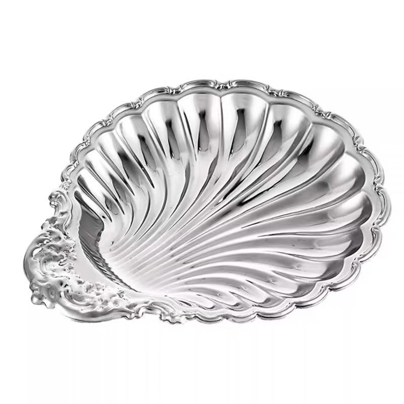 Vintage Dessert Plate Silver Color Shell Shape Embossed Food Tray Embossed Details Decorative Shell Shaped Dish Home Decoration