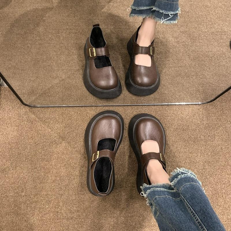 New Style Leather Shoes - Retro Style, Large Round Toe, Thick Sole, Heightening Effect