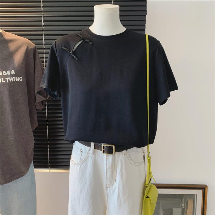 

Guofeng button short-sleeved T-shirt women s summer 2025 new design sense loose and versatile new Chinese top 2XL чорний