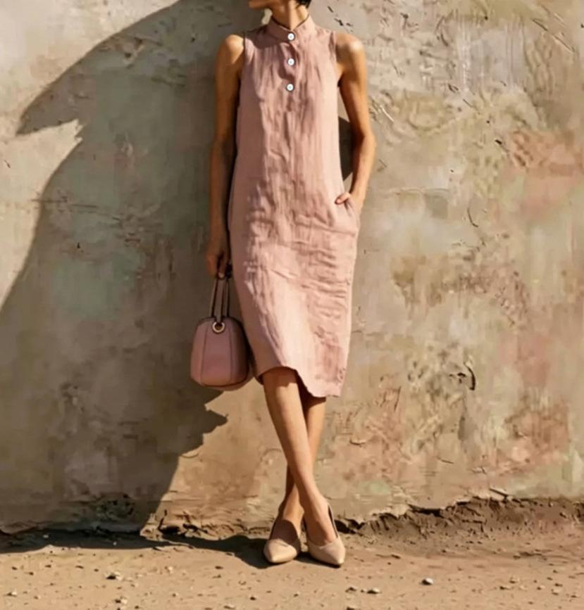 Women S Loose Sleeveless Solid Color Beach Midi Dress