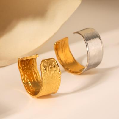 Euro-American Style 18K Gold Plated Textured Stainless Steel Open Ring for Women, Non-fading Titanium Steel Hand Jewelry