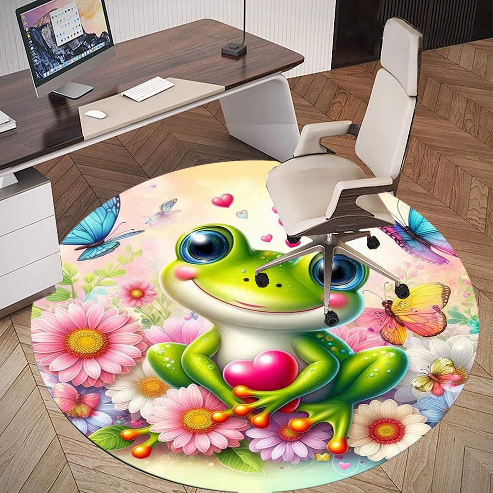 1PC Frog Flowers heart Round Chair mat Area Rug - Non-Slip, Floor Mat for Office, Bedroom, home decor Christmas Gift c0528037