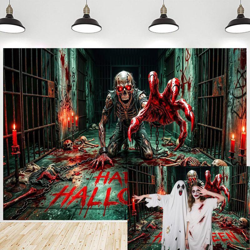 1pc,2Dflat, Halloween horror background, terrifying zombies, bloody monsters, crawling skeletons, Halloween happy background, ws