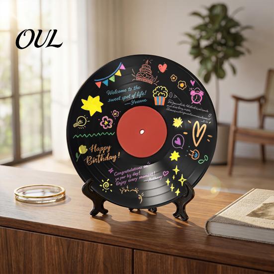 Decorative Vinyl Record Display DIY Graffiti Clock Ornament, Reusable Blank Acrylic Retro Tabletop Multi-color Marker Craft Wall Decor with