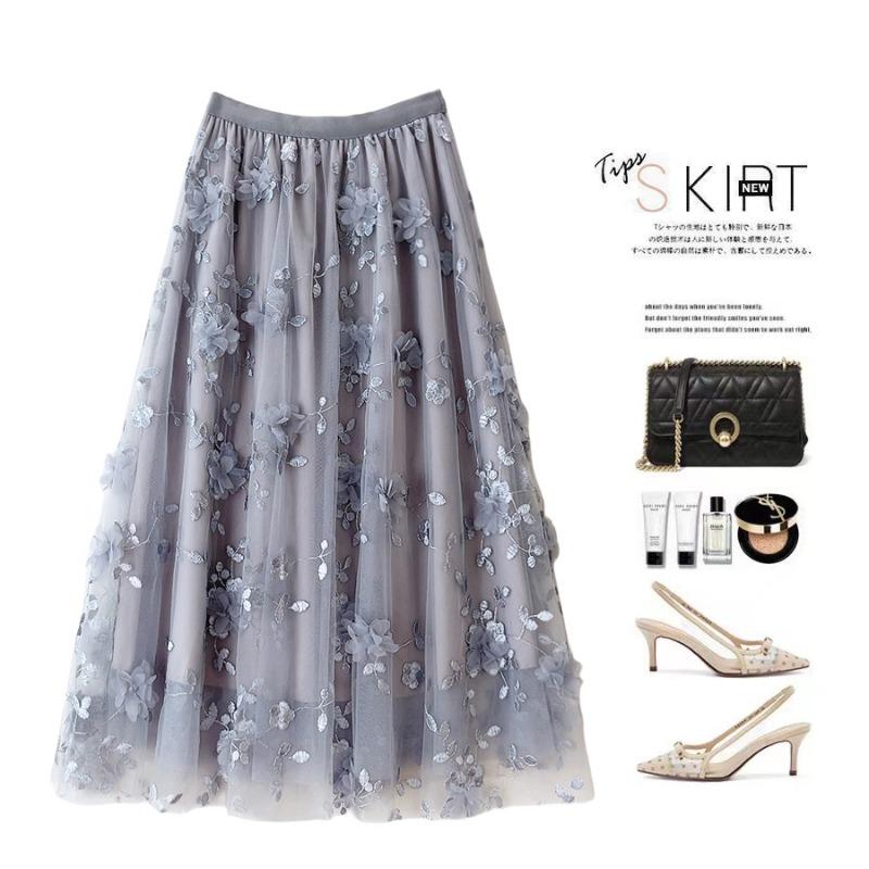 Mesh Embroidery Skirt, Gentle Temperament Medium and Long Skirt, Three-dimensional Flower Heavy Industry Gauze Skirt, Small Fresh Fairy Skirt
