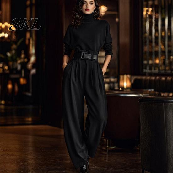 Women Casual Matching Set Women's 2 Piece Set, High Neck Long Sleeve Top And Fashionable Clothing Wide Leg Pants Sets, Dressy Business Office