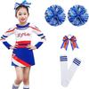 Langarm Blau Mädchen Cheerleading Kostüm Uniform Kinder Damen Cheerleader Tanz Outfit Rundhalsausschnitt Patchwork Stil Pompons