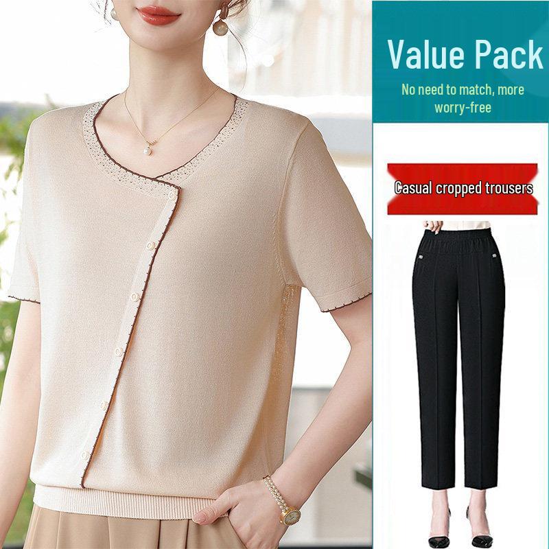 2026 Ice Silk Summer T-Shirt Set for Middle-Aged & Elderly Women: Short-Sleeve, Stylish, Lightweight Knitted Top